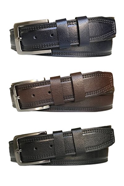 GoDeri طقم جلد طبيعي عالي الجودة مكون من 3 قطع، حزام منقوش؛ أسود، بني، أزرق داكن 4 سم = 3 قطع.go-52.58.59
