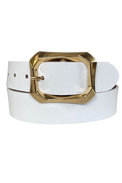 GoDeri 100% γνήσιο δέρμα, λευκό γυναικείο τζιν με χρυσή πόρπη, αθλητική ζώνη 4 cm=an-byn-08