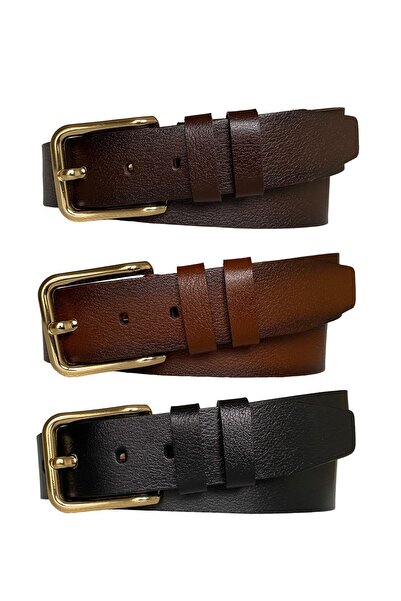 GoDeri طقم جينز نسائي من الجلد الطبيعي 100% مكون من 3 قطع مقاس 4 سم باللون الأسود والبني الداكن والأحمر الداكن = 76 × 4