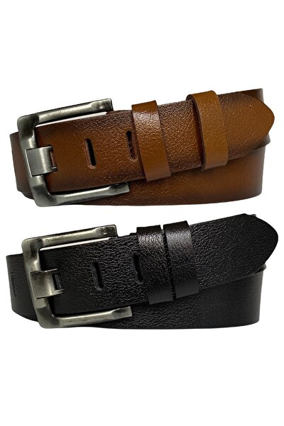 GoDeri طقم لسان عريض من الجلد الطبيعي 100% مكون من قطعتين أسود، توسادو 4.5 سم جينز، حزام رياضي = 2 قطعة - أسود جديد