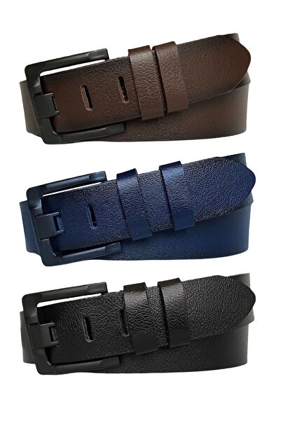 GoDeri طقم 100% من الجلد الطبيعي مكون من 3 قطع بألسنة واسعة أسود، كحلي، بني 4.5 سم جينز، حزام رياضي، إبزيم أسود قديم