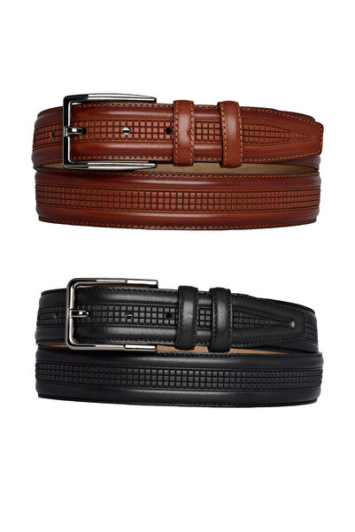 GoDeri 100% جلد طبيعي، طقم مكون من قطعتين أسود، أحمر أسمر مخيط كلاسيكي، حزام بنطلون من القماش 3.5 سم_ORTA.BAS