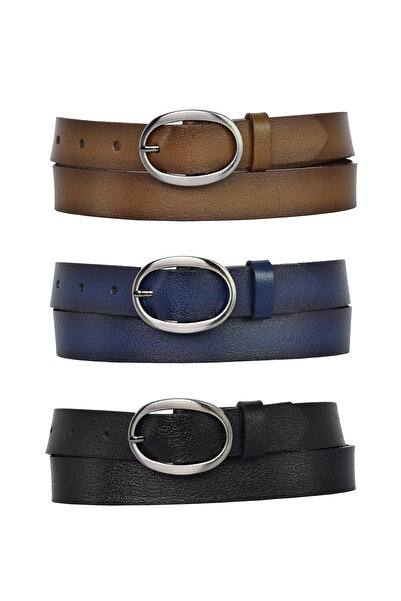 GoDeri Комплект от 3 дамски колана от 100% естествена кожа с матова овална ка...