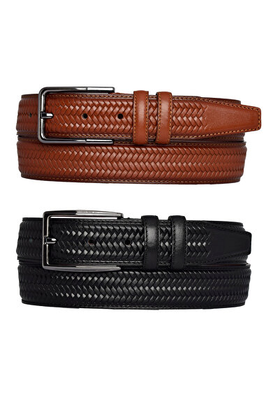 GoDeri 100% Γνήσιο Δέρμα, Σετ 2 Μαύρα, Πλεκτά Πλεκτά Πλεκτά Παντελόνια Tosado. Ζώνη 3,5 εκ.πλεξ.μπάσ