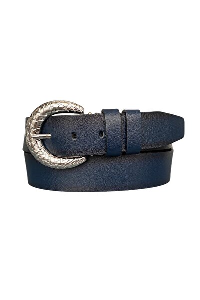 GoDeri 100% جلد طبيعي، جينز نسائي أزرق داكن بإبزيم فضي لامع، حزام رياضي 4 سم=an-byn-18