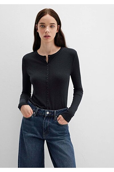 Mavi M1613652-80022 Button Detailed Black Long Sleeve T-Shirt Women's T-Shirt Black