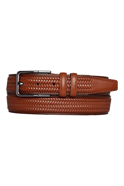 GoDeri 100% Genuine Leather, Knitted Print Brown Stitched Classic, Fabric Trouser Belt 3.5 Cm_Dikisli.Braided