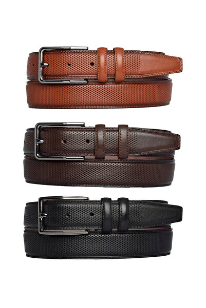 GoDeri 100% جلد طبيعي، مجموعة من 3 بنطلونات قماشية مخيطة باللون الأسود والأحمر والبني الداكنحزام 3.5 سم منقط