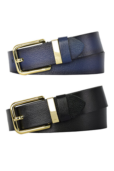 GoDeri طقم حزام جينز نسائي من الجلد الطبيعي 100% بإبزيم ذهبي وجسر معدني مكون من قطعتين باللون الأسود والأزرق الداكن، 4 سم =kp.byn76