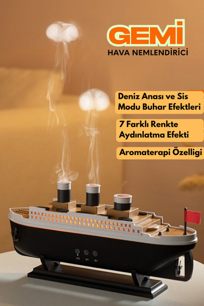 Abbruch Titanic Gemi Tasarım Buhar Difüzörü 250ML Uzaktan Kumandalı 7 Renk Işıklı Hava Nemlendirici