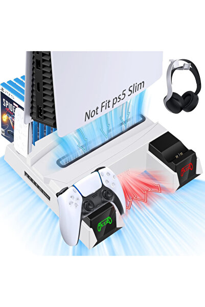 Bastec RGB PS5 Vertical Stand Cooling Fan Station with Controller Charger and Headset Stand (White)