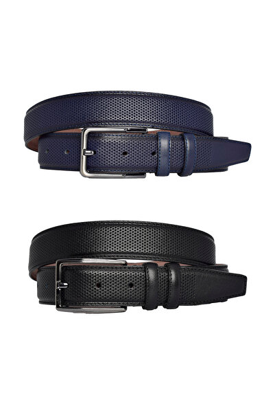 GoDeri 100% натуральна шкіра, комплект з 2 штук, чорний, темно-синій з точковим принтом. Ремінь 3,5 см_точковий