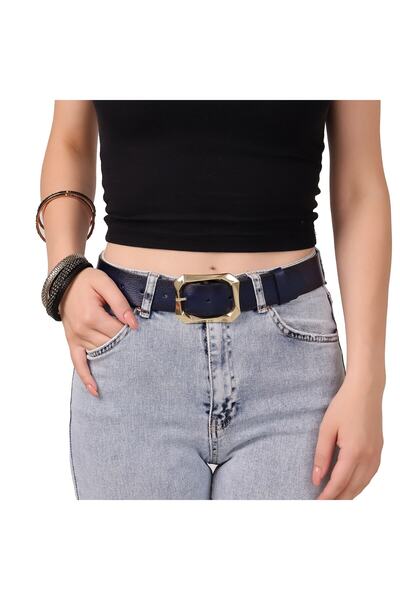 GoDeri Жіночий модний золотий ремінь з пряжкою, одношаровий, з натуральної шкіри, темно-синій, ширина 3,8 см = amz-08
