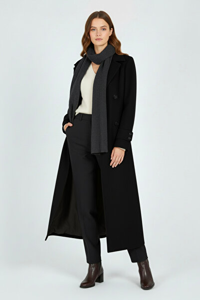 Soydan Güner Kruvaze Kuşaklı Dökümlü Uzun Manto Siyah 6630