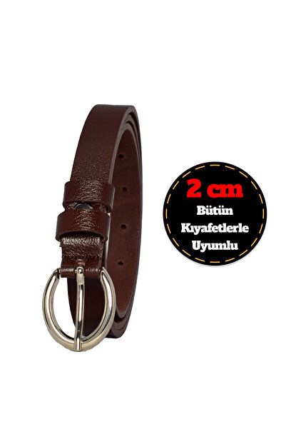 GoDeri حزام نسائي بني داكن رفيع 2 سم 100% جلد طبيعي - إبزيم فضي، للفستان والسراويل