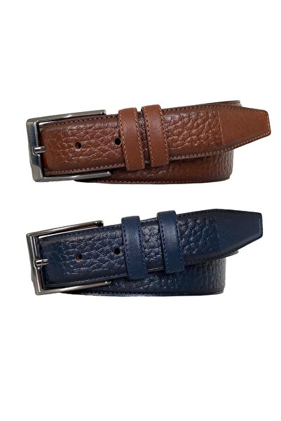 GoDeri Набір з 2-х класичних шкіряних ременів з швами; темно-синій, коричневий, 3,5 см = на замовлення
