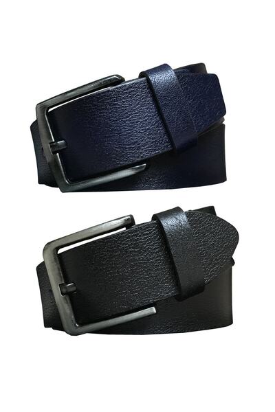 GoDeri طقم جينز 100% جلد طبيعي عالي الجودة مكون من قطعتين 4.5 سم، حزام رياضي أسود، أزرق داكن = DK-1111-3333