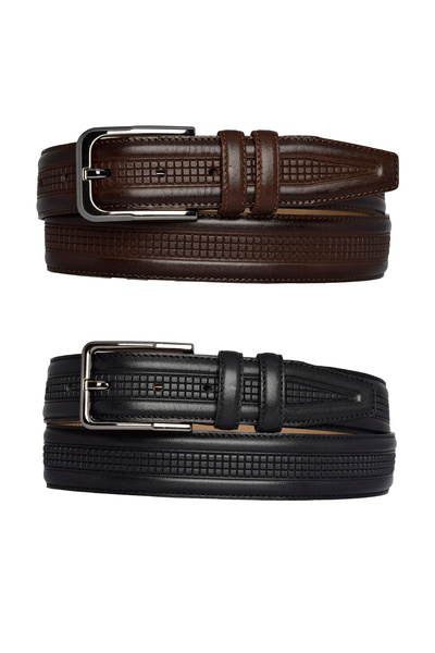 GoDeri 100% جلد طبيعي، طقم مكون من قطعتين أسود، بني داكن مخيط كلاسيكي، حزام بنطلون قماش 3.5 سم_ORTA.BAS