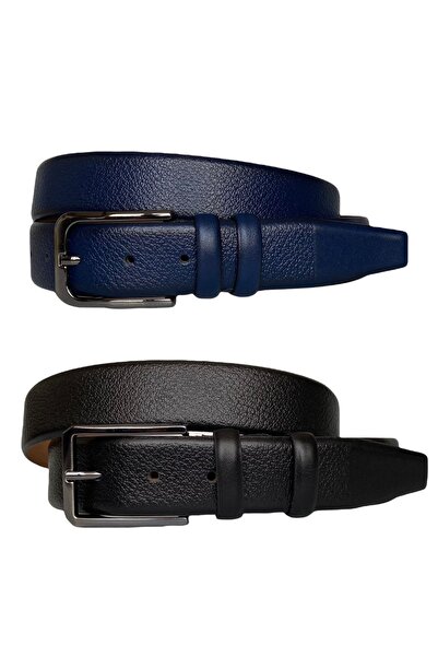 GoDeri طقم بنطلون من الجلد الطبيعي 100% مكون من قطعتين بحزام قماش 3.5 سم؛ أسود، أزرق داكن = 2 قطعة.142-143