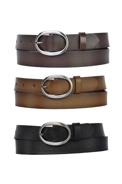 GoDeri Комплект от 3 дамски колана, 100% естествена кожа, матирана, с овална ...
