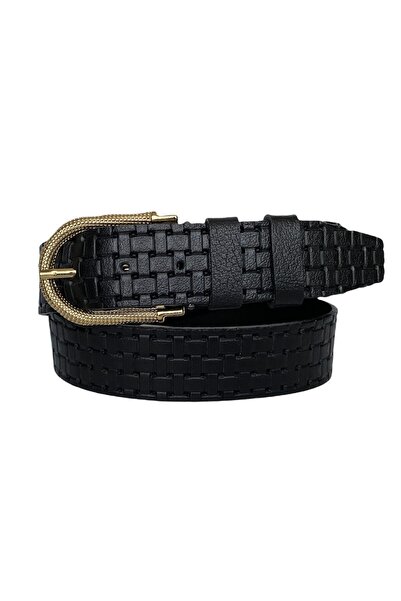 GoDeri 100% جلد طبيعي، جينز نسائي أسود منقوش بإبزيم ذهبي، حزام رياضي 4 سم=an-byn-12