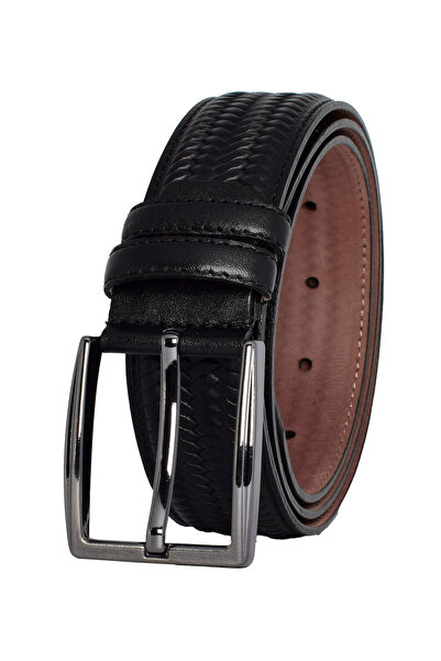 GoDeri 100% Γνήσιο Δέρμα, Πλεκτό Μαύρο Ραμμένο Κλασικό, Υφασμάτινη Ζώνη Παντελονιού 3,5 cm_Ραμμένο.Πλεκτό