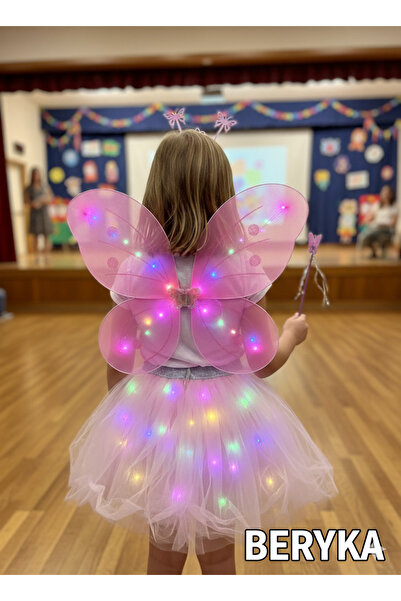 Beryka LED Işıklı Kelebekli Çocuk Kostümü - 4 Parça PEMBE