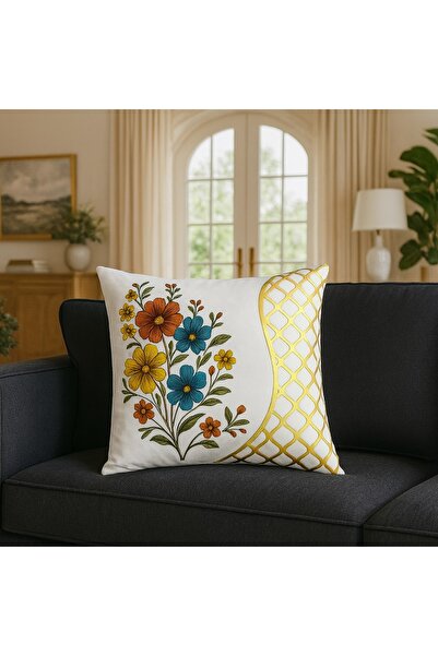 MİNOZA Digital Printed Flower Design Laser Cut Leather Detailed Decorative Throw Pillow Cover