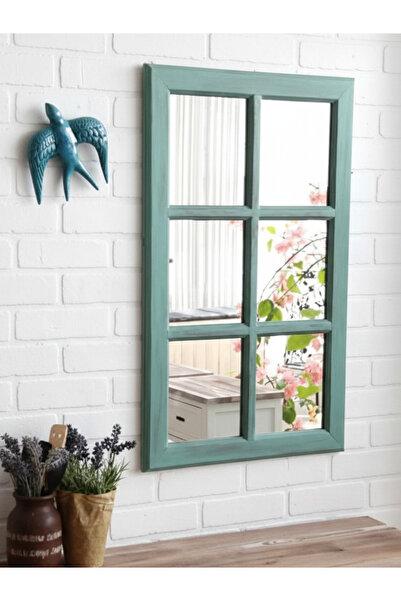 DAG CRAFTED NATURE Masif Çam Eskitme Turkuaz Pencere Duvar Aynası 80x48 cm