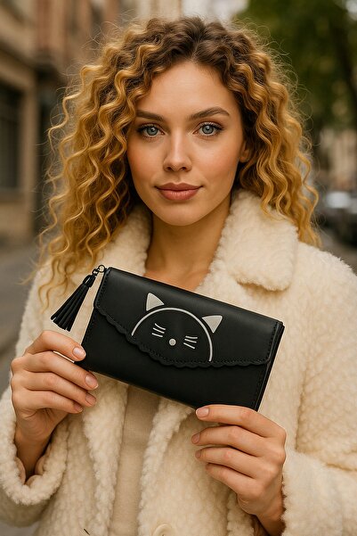TAKIŞTIR Black Color Cat Figured Leather Women's Wallet