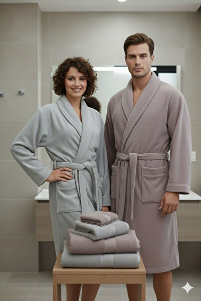 Özdilek Alleur Aile Bathrobe Set 6 Pieces Pink-Grey