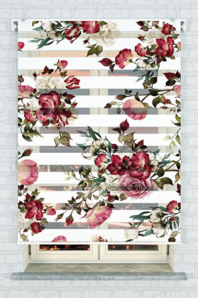 akel collection Vintage Gül ve Çiçek Desenli Baskılı Zebra Stor Perde - Salon...