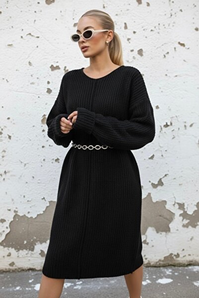 NEWCO Rochie tricotată modernă, texturată, cu decolteu în V, cu textura minimalistă, supradimensionat – negru