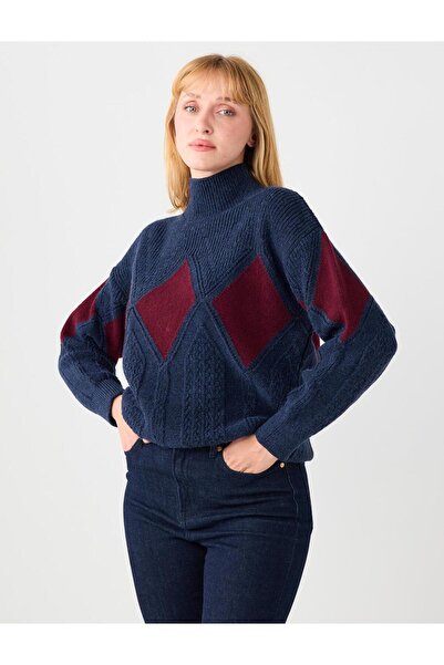 Jimmy Key Pulover tricotat cu mânecă lungă, cu gât roșu, albastru bleumarin