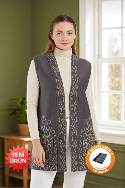 Uludağ Triko Jacquard Pattern Sis Knitwear Vest + Shawl Gift + Shawl Gift