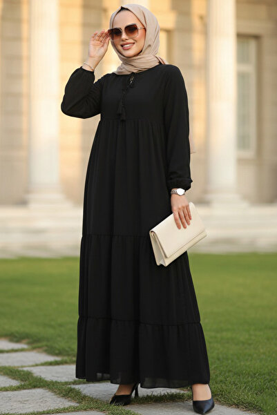 Neva Style Φόρεμα με στρώσεις μαύρο χιτζάμπ με πλισέ 22051S