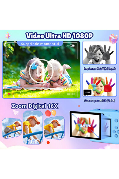 Nerele Aparat Foto Instant pentru Copii, Nerele, Dual Camera Selfie, Imprimare Termica fara Cerneala, Video