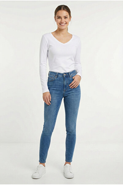 defys Tricou pentru femei, cu decolteu în V, cu mânecă lungă, cu croiala normală, basic alb