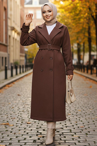 Neva Style Καφέ Κασμίρ Παλτό Hijab - Με Ζώνη, 61251KH