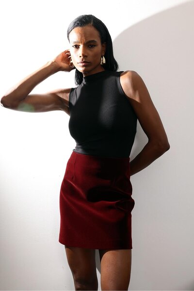 5in1Canpolat Bordo Kadife Mini Etek