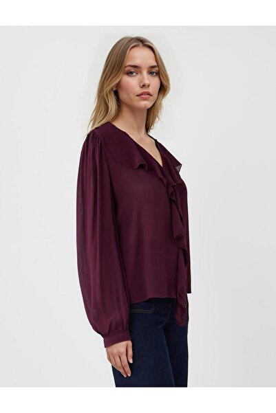 Jimmy Key Μπλούζα με μακρύ μανίκι σε μπορντό χρώμα, με λεπτομέρεια από υφαντό βολάν με λαιμόκοψη σε σχήμα V