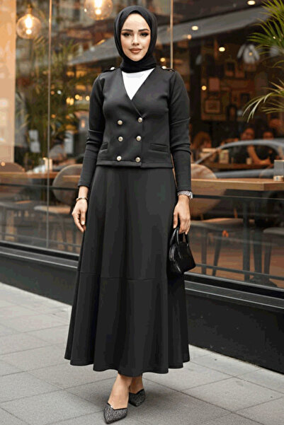 Neva Style Μαύρο Χιτζάμπ Φούστα και Μπουφάν Διπλό Σετ - 12371S