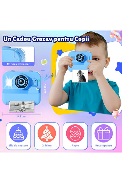 Nerele Aparat Foto Instant pentru Copii, Nerele, Dual Camera Selfie, Imprimare Termica fara Cerneala, Video