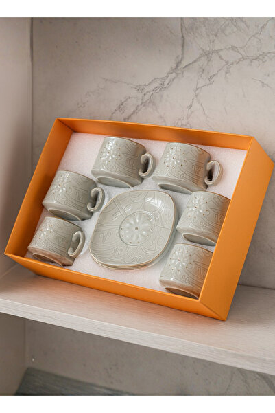 ALQANNAS 12-Piece Ceramic Coffee Cup & Saucer Set | 6 Embossed Cups & 6 Matching Saucers|