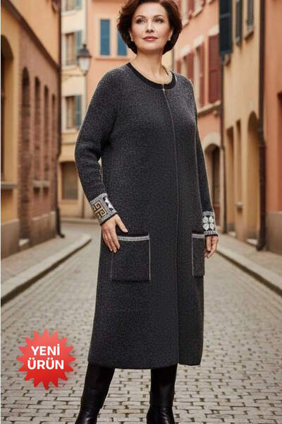 larocci Plus Size Ethnic Detailed Long Knit Cardigan