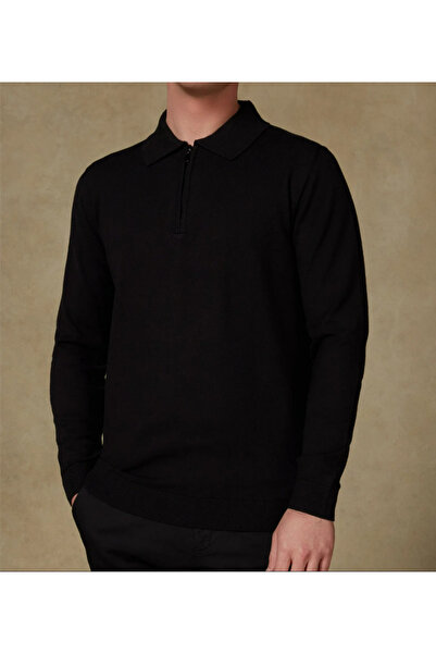 Abbate Claro Knitted Fabric Cotton Blend Modern Fit Black Polo Neck Men's Plain Knitwear