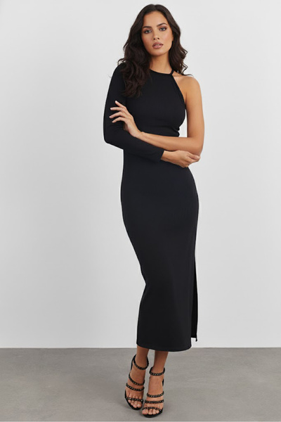 Sienza Rochie maxi neagră cu un singur umăr tricotaj cu striații