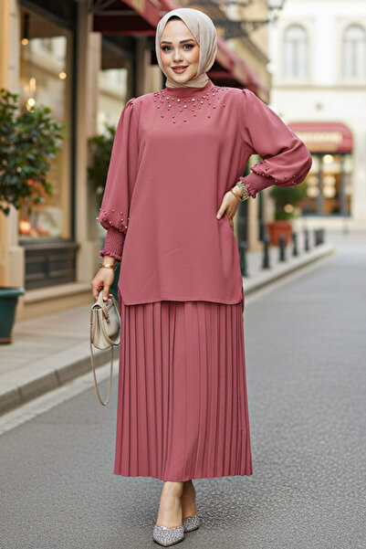 Neva Style Pearl Embroidered Dusty Rose Hijab Skirt Suit Double 10991Gk