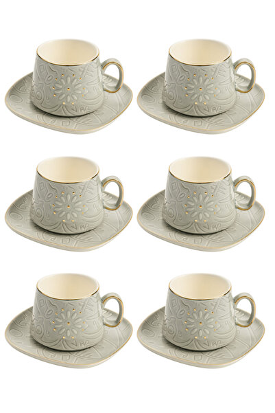 ALQANNAS 12-Piece Ceramic Coffee Cup & Saucer Set | 6 Embossed Cups & 6 Matching Saucers|