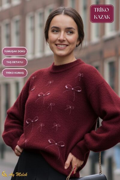 AYMELEK سترة نسائية محبوكة بتفاصيل فيونكة حجرية وياقة دائرية ونسيج ناعم